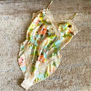 Delicates Vintage Satin Teddy Lace Trim Bodysuit Lingerie: Medium